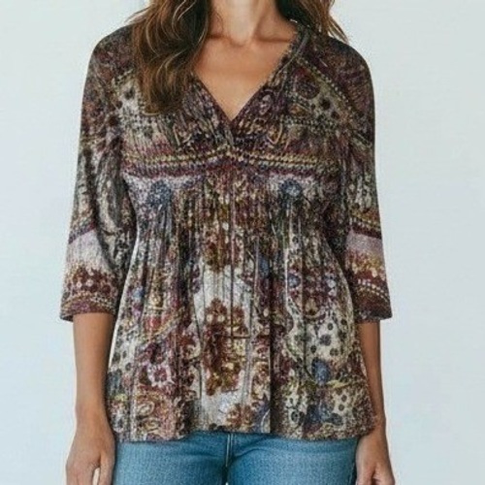 Boho Printed Peasant Blouse - Multicolor